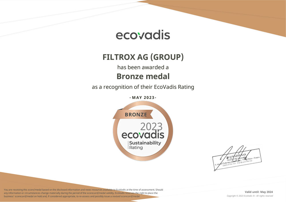 EcoVadis Rating Certificate for Filtrox